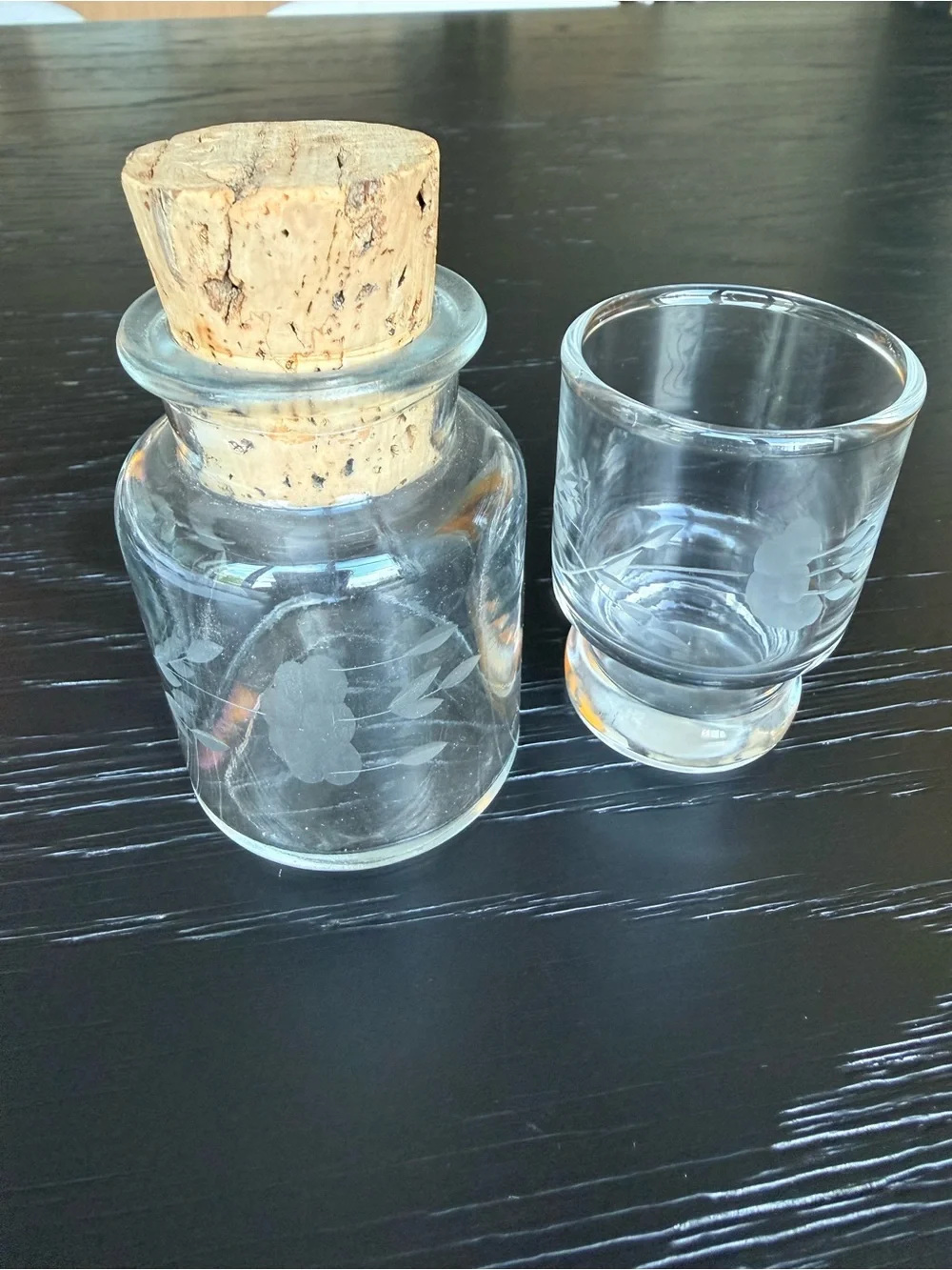 Vintage Clear Glass Apothecary Bottle with Cork and Matching Shot Glass - Clear